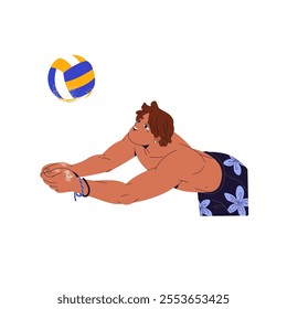 Tanned boy in swimsuit plays beach volleyball. Happy young man reaches hands to volley, hit ball. Person have fun with sport game on coast in summer. Flat isolated vector illustration on white