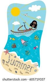 Tanned brunette girl floats on an inflatable mattress in the sea with a glass, of fishes, jellyfish, beach, stones, shells, sun, clouds, paper airplane