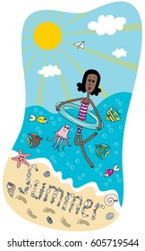 Tanned brunette girl swimming in a rubber ring in the sea among the fish, jellyfish, beach, stones, shells, sun, clouds, paper airplane