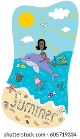Tanned brunette girl swims with a Dolphin in the sea among the fish, jellyfish, beach, stones, shells, sun, clouds, paper airplane