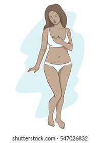 Tanned brunette in underwear, colored illustration.