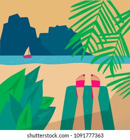 Tanned Feet and the sea. female legs against the sea, beach with palm trees