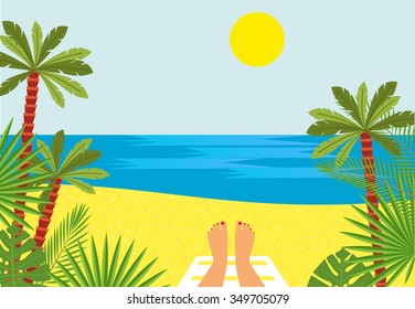 Tanned Feet and the sea. female legs against the sea, beach with palm trees