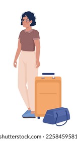 Tanned female adventurer with bag and baggage semi flat color vector character. Editable figure. Full body person on white. Simple cartoon style illustration for web graphic design and animation