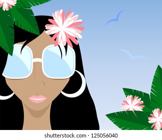 tanned girl with flower in the hair on a background of palm leaves and blue sky vector