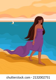A tanned girl with flowing hair walks along the beach along the sea. A ship floats in the sea.
