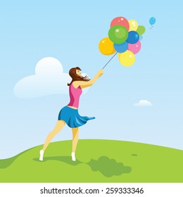 Tanned girl holding a bunch of air balloons in the sky, summer landscape background, vector illustration