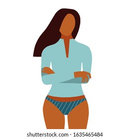 Tanned Girl surfer in flat style. Concept of healthy and fitness lifestyle. Girl power concept. Beach and surfings design template