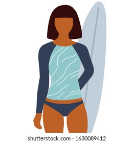 Tanned girl surfer in a swimsuit holding a surfboard in flat style. Concept of healthy and fitness lifestyle. Girl power concept. Girl in a swimsuit. Beach and surfings design for poster, t-shirt or c