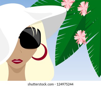 tanned girl in a white hat on a background of palm leaves and blue sky vector