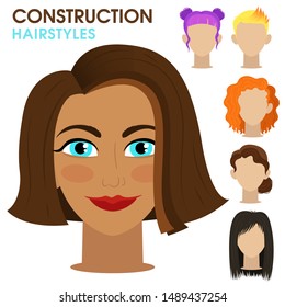 Tanned girl. Woman face constructor. Cartoon vector style. Creation of spare parts. Different hairstyles and hair color. Character. Vector.