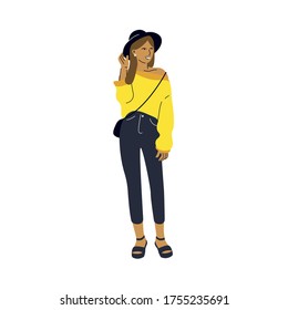 Tanned girl in yellow blouse. Fashionable smile. Vector illustration