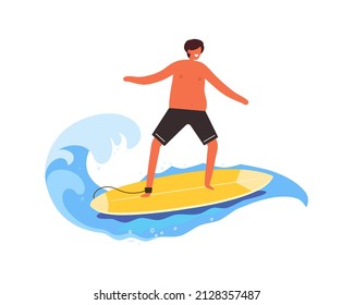 A tanned guy in shorts. Surfer on the wave. Ocean. The surfboard is yellow. Vector illustration.