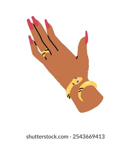 Mano curtida con uñas largas de color rosa, pulsera con forma de serpiente y joyas doradas. Mujer negra tiene manicura colorida y anillo de oro en el dedo. La belleza de las chicas. Ilustración vectorial aislada plana en blanco