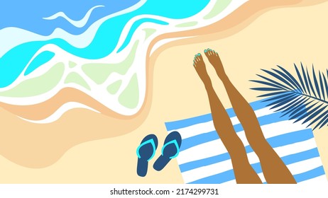 Tanned legs of a girl resting on the sea beach. Vector resort illusttration