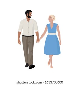 Tanned man with black beard in white shirt and linen trousers and young blonde girl in blue dress walk hand in hand and smile at each other. Flat stock illustration isolated on transparent background.
