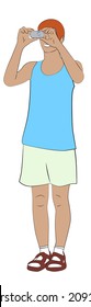 Tanned man in bright clothes with an amateur camera, vector illustration
