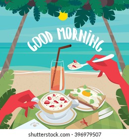 Tanned man eating muesli with strawberries and fried egg with bread on the beach. First-person view - English breakfast or lunch concept. Vector illustration