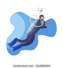 Tanned man scuba diving on white background. Male diver in mask and swimsuit underwater, water sport cartoon vector illustration. Summer leisure, recreational ocean outdoor activities concept