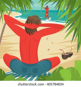 Tanned man sitting on the beach and looking at his girlfriend, who is running for a swim - Love or relationship concept. Vector illustration