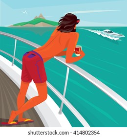 Tanned man standing on yacht deck leaning on the railing, holding a cocktail and watch the boats sailing past - Luxury holidays or Paradise pleasure concept. Vector illustration