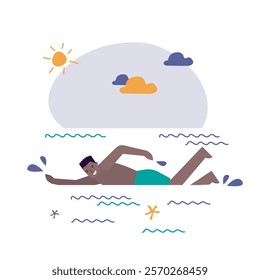 Tanned man is swimming in a crawl. Man in shorts swimming in water, sea or ocean, male character in swimwear. Teenager guy in swimsuit, summer sport outdoors activity, healthy lifestyle. flat vector