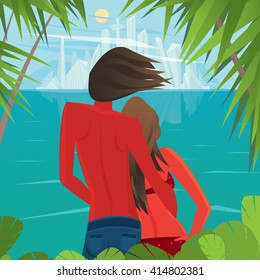 Tanned man and woman standing on the shore of the island and look at the futuristic city in the distance - Civilization or Better life concept. Vector illustration