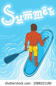 Tanned muscular man on a stand up paddle board in blue sea. Vector illustration.