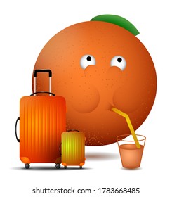 tanned orange waiting at airport for a plane and drinks orange juice through a straw from glass. Summer vacation at sea. Vector in cartoon style