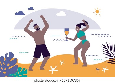 Tanned people celebrate and dance in beach club. Party in atmosphere of summer. Friends with cocktails dancing on exotic beach. Holiday mood, good vibes. flat vector illustration