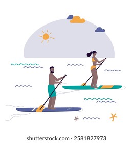 Tanned people riding sup boards on water. Friends surfers in swimming suits outdoor recreation. Sportmen standing with paddles on boards, sea summer enjoy. Active characters rest. vector illustration