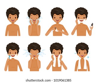 Tanned Skin Man Shaving Beard And Cleaning His Face Steps, Facial, Skin, Treatment, Beauty, Cosmetic, Makeup, Healthy, Lifestyle
