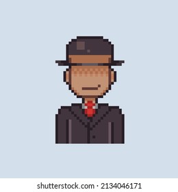 Tanned Skin Man Wearing Hat And Black Suit In Pixel Style