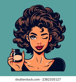 A tanned skinned cartoon woman with a lush curly hairstyle advertises the product.