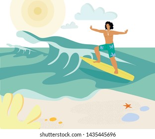 Tanned Surfer on Surf Board Flat Vector Character. Holidaymaker, Sportsman Leisure Activity. Young Handsome Man Riding Surfboard, Doing Water Sport, Surfing. Tropical Beach, Ocean Wave Illustration