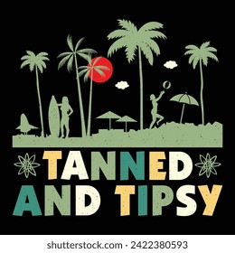 Tanned And Tipsy Surfing Beach Sunset Summer Sublimation T-Shirt Design