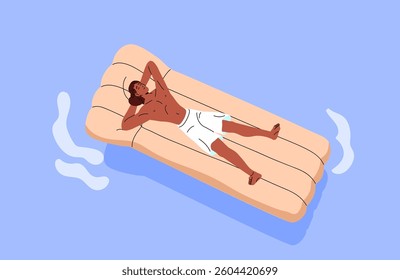 Tanned tourist is sunbathing on inflatable mattress top view. Happy boy relaxes, lying on floater on water. Young man is floating on pool raft in sea in summer. Flat isolated vector illustration