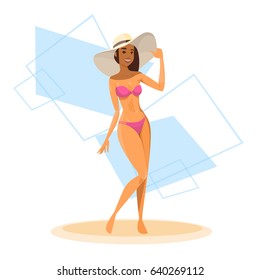 Tanned Woman In Bikini, Long Leg Sexy Girl Wear Hat Over Abstract Background Flat Vector Illustration