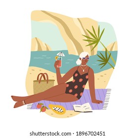 Tanned woman drinking cocktail and sunbathing on sandy beach at sea resort. Relaxing in solitude. Leisurely holiday and slow life concept. Colored flat vector illustration isolated on white background