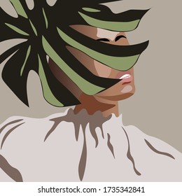 Tanned woman hiding her face behind a palm leaf. Hand drawn