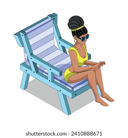 Tanned Woman on Beach Chair Cartoon Isolated Vector Illustration