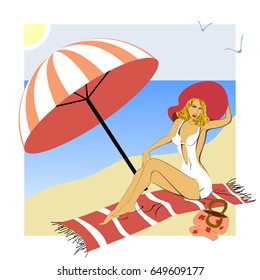 Tanned women in a white bathing suit with colorful bug and cover under striped parasol on a sunny beach