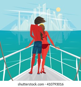 Tanned young couple standing on the deck of the ship and looks at the big modern city - End of holiday or Way home concept. Vector illustration