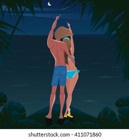 Tanned young couple standing on the edge of the shore at night, looking at the stars and shows a finger on a comet - Happiness or Make a wish concept. Vector illustration