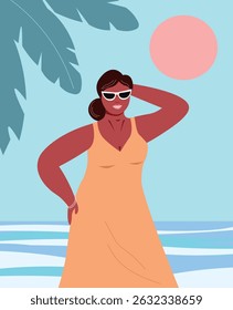 Tanned young woman in a summer dress against the backdrop of the sea, palm trees and the sun. Beautiful femal on vacation. Vector graphics.