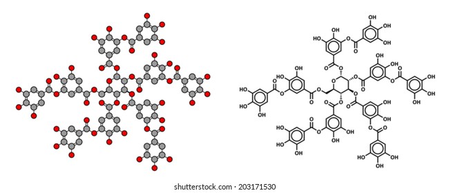 Tannic acid molecule (one isomer shown). Type of tannin. Stylized 2D rendering and conventional skeletal formula.