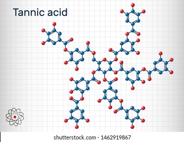 Tannic acid, tannin molecule. It is type of polyphenol. Sheet of paper in a cage. Structural chemical formula and molecule model. Vector illustration