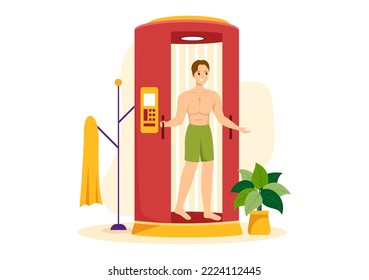 Procedimiento de curtido de cama para obtener piel exótica con tecnología moderna en el solárium Spa Salon en caricaturas planas Ilustración de plantillas dibujadas a mano