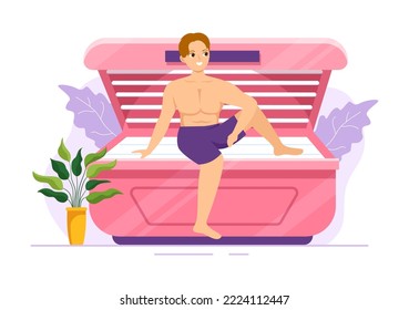 Procedimiento de curtido de cama para obtener piel exótica con tecnología moderna en el solárium Spa Salon en caricaturas planas Ilustración de plantillas dibujadas a mano