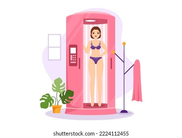 Tanning Bed Procedure to Get Exotic Skin with Modern Technology at the Spa Salon Solarium in Flat Cartoon Hand Drawn Templates Illustration